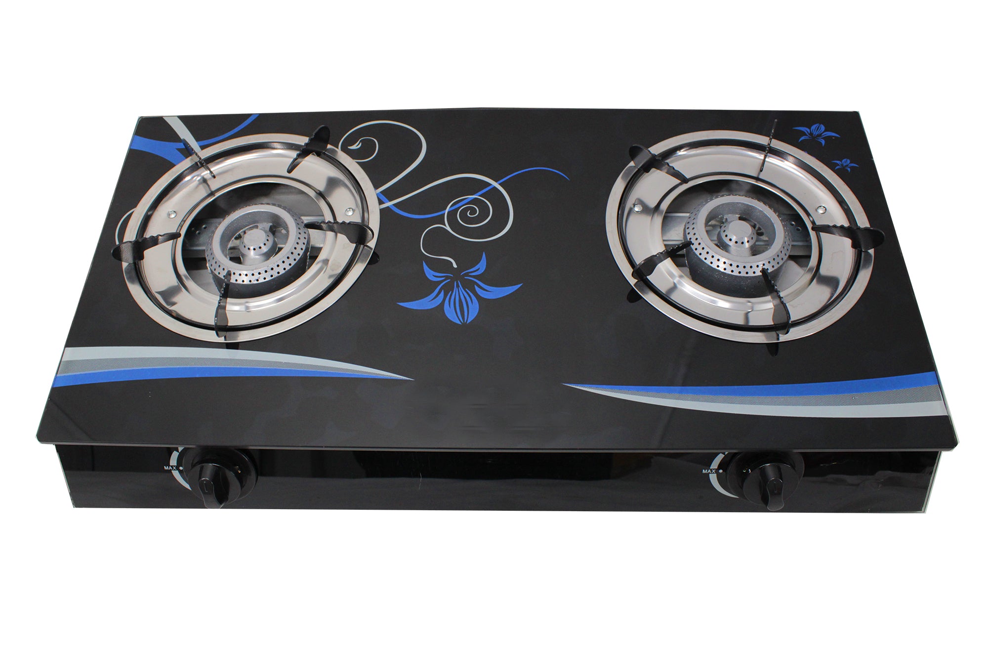 Two-Burner Auto-Ignition Tempered Glass Panel Gas Stove - Blue Petal
