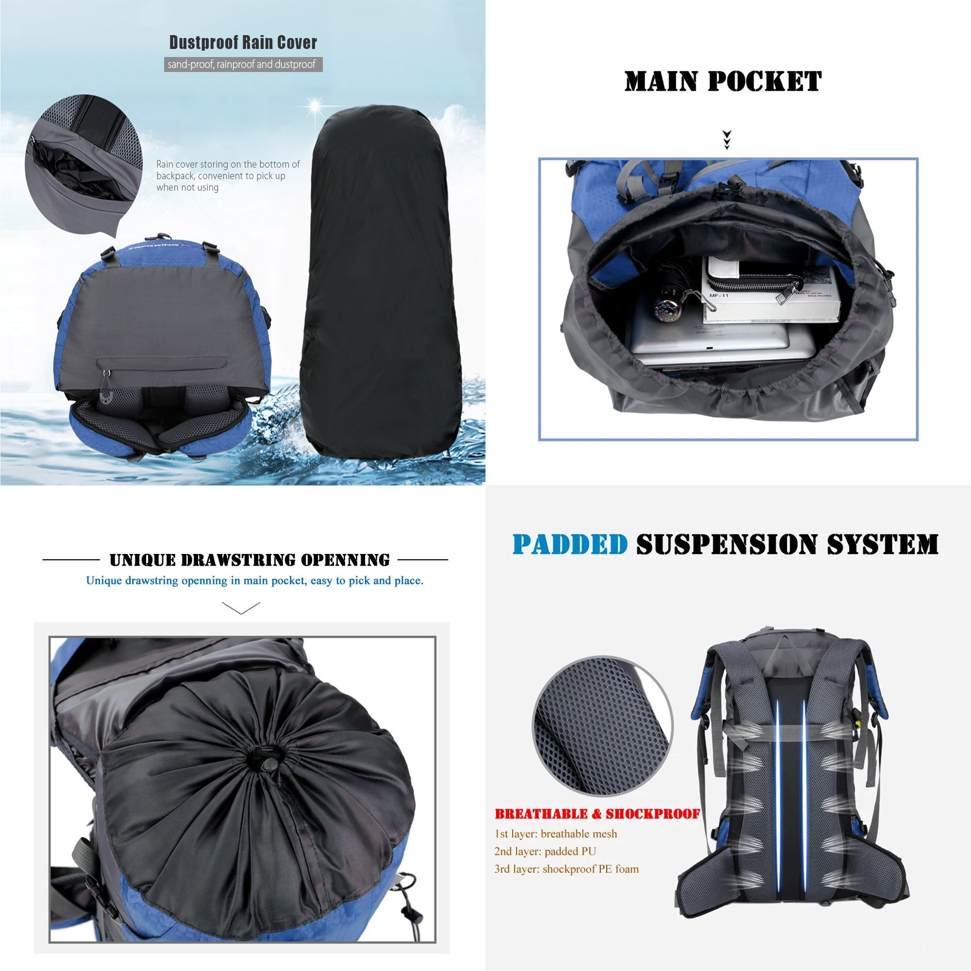 Free Knight 60L Water Resistant All-Purpose Camping Backpack with Rain Cover