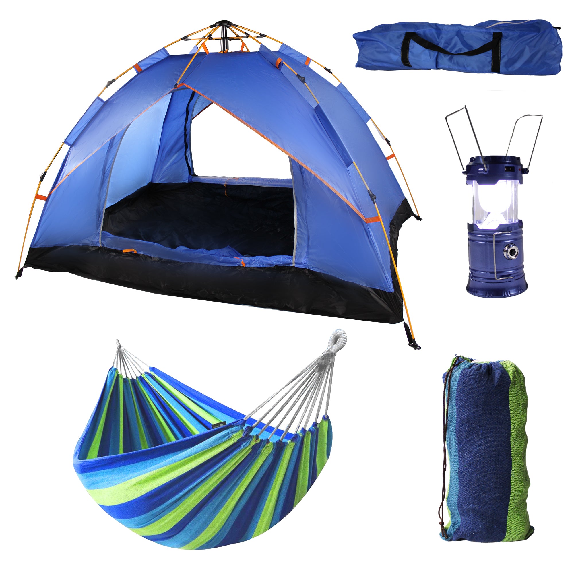 205x130cm Blue Waterproof 2 Man Instant Tent with Cotton Hammock & Solar Lantern
