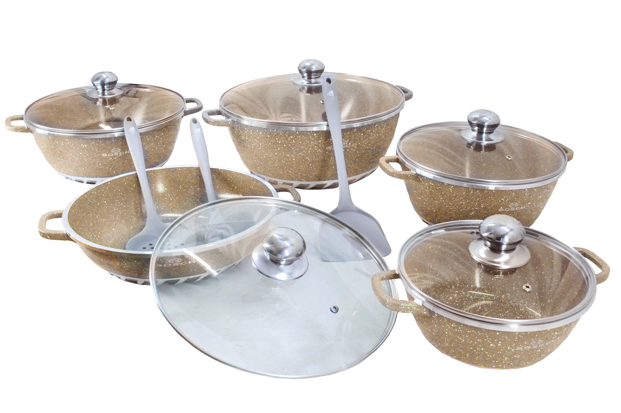 10 Pieces Bosch Die Cast Aluminium Granite Non Stick Cookware Set & 3 Utensils