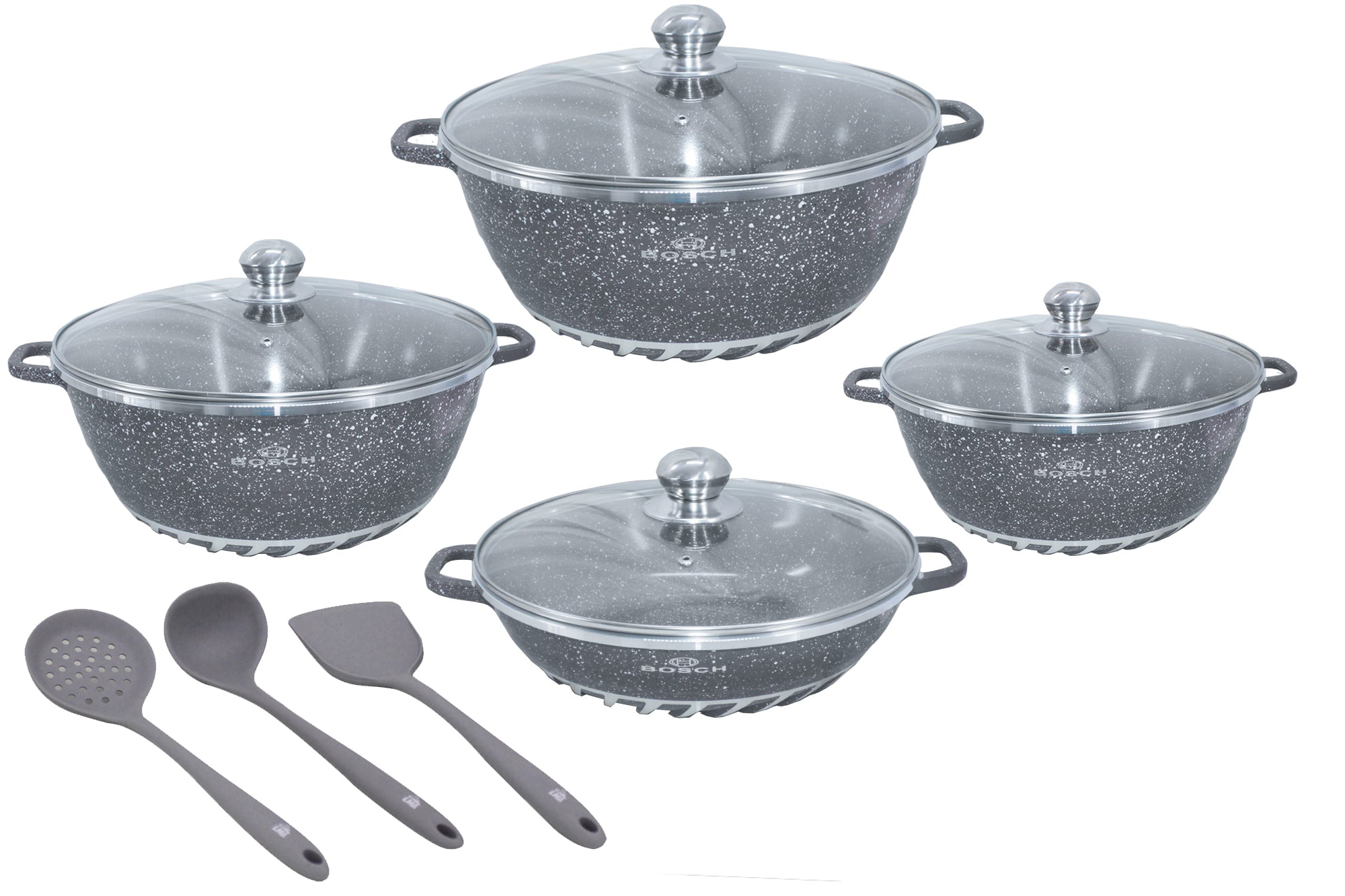 10 Pieces Bosch Die Cast Aluminium Granite Non Stick Cookware Set & 3 Utensils