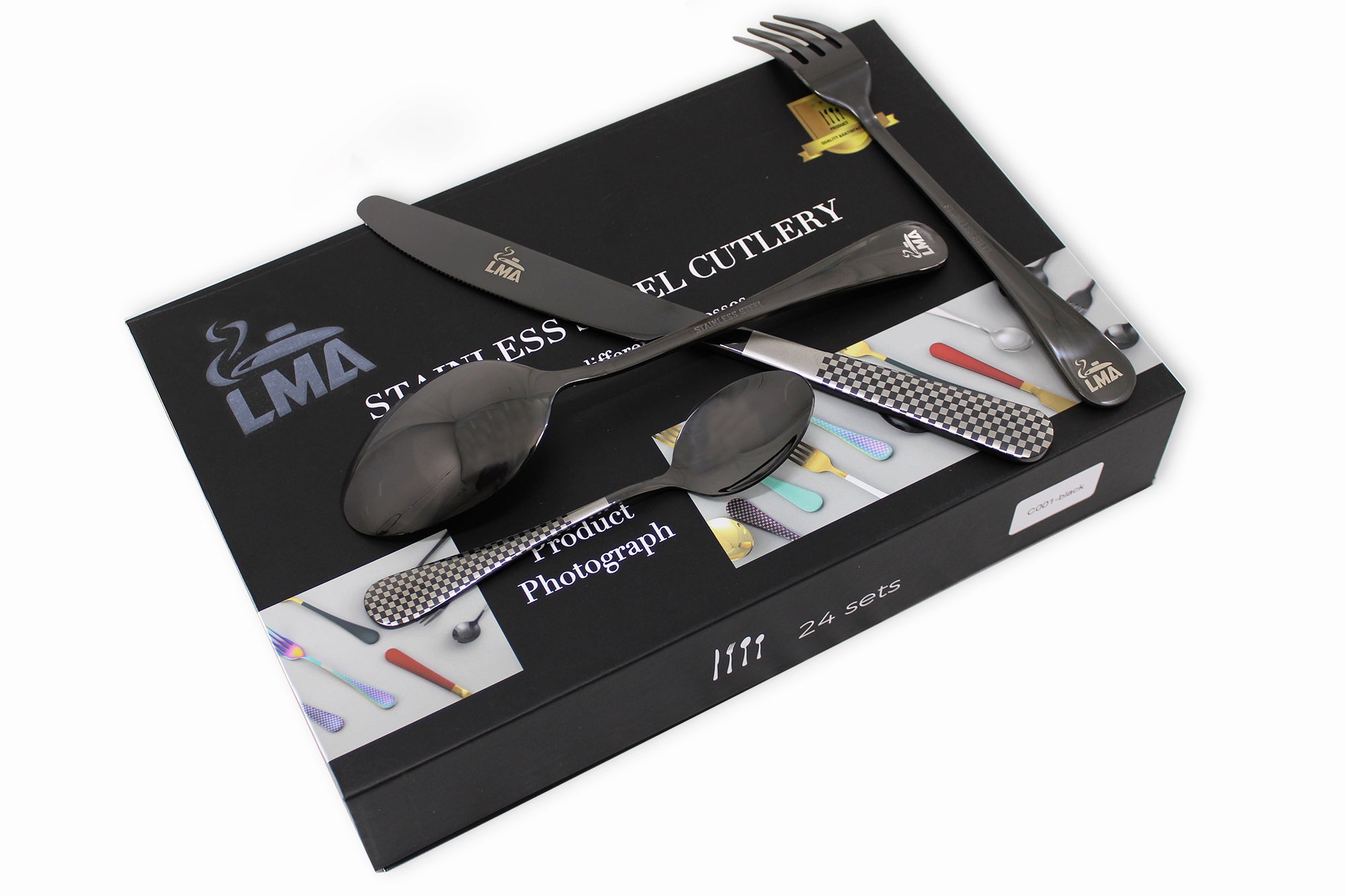 LMA Branded 24 Piece Checkered Finish Cutlery Set & Noir Storage Box