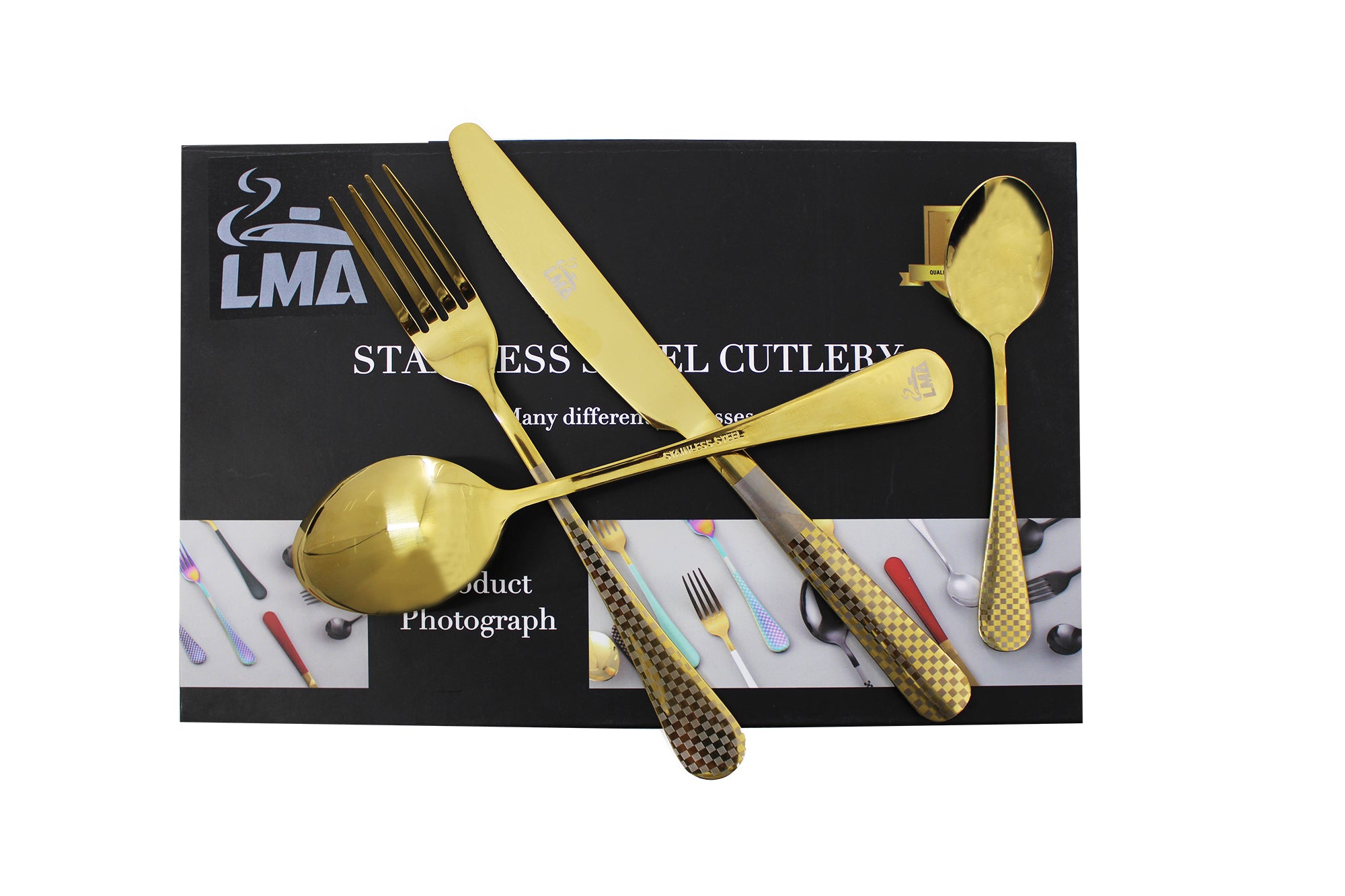 LMA Branded 24 Piece Checkered Finish Cutlery Set & Noir Storage Box