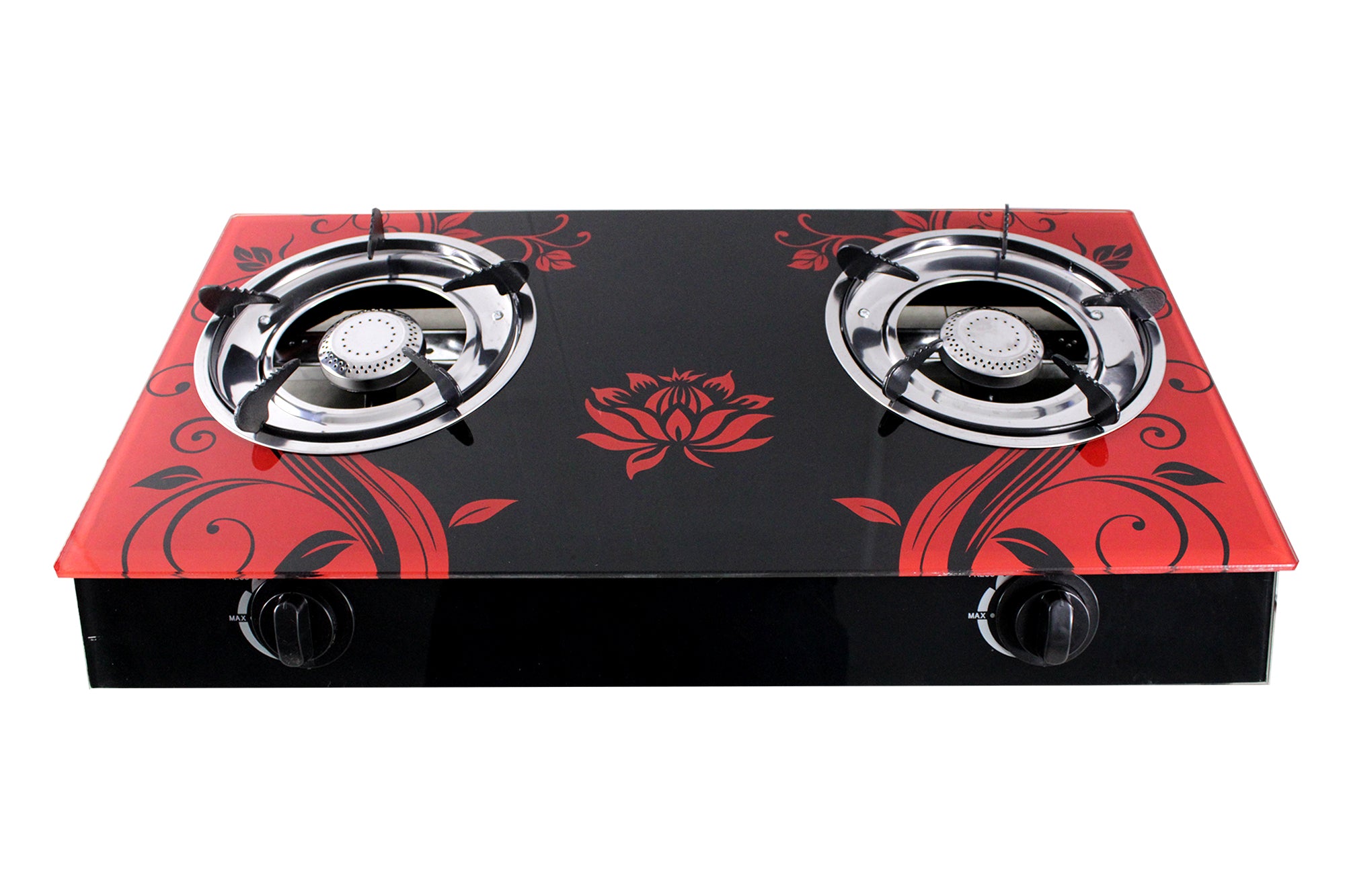 Two-Burner Auto-Ignition Tempered Glass Panel Gas Stove - Red Petal