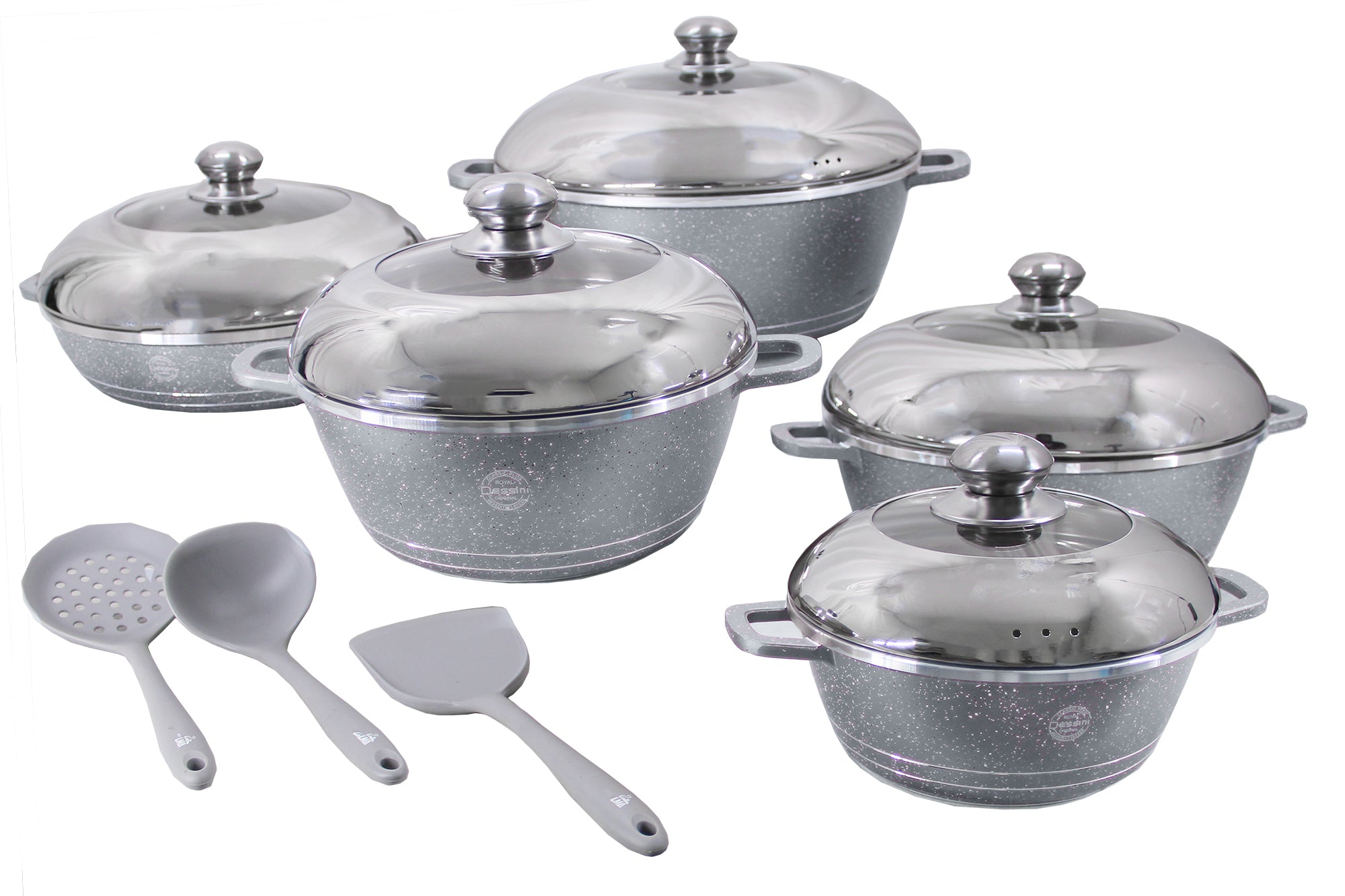 10 Piece Dessini Die Cast Aluminum Marble Coated NonStick Pot Set & 3 Utensils