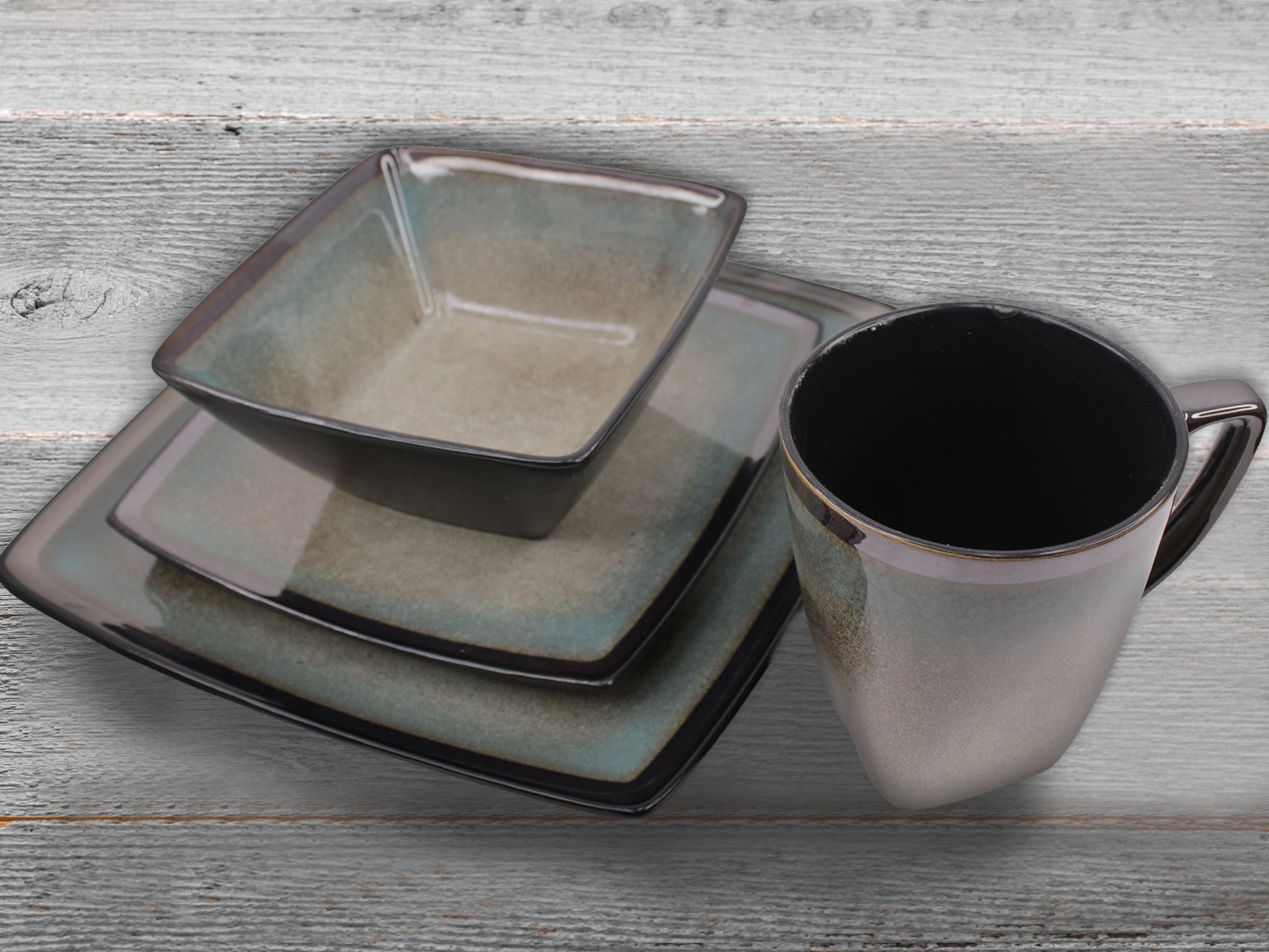 16 Piece Couture Banded Border Square Stoneware Dinner Set - Reactive Cream-Blue