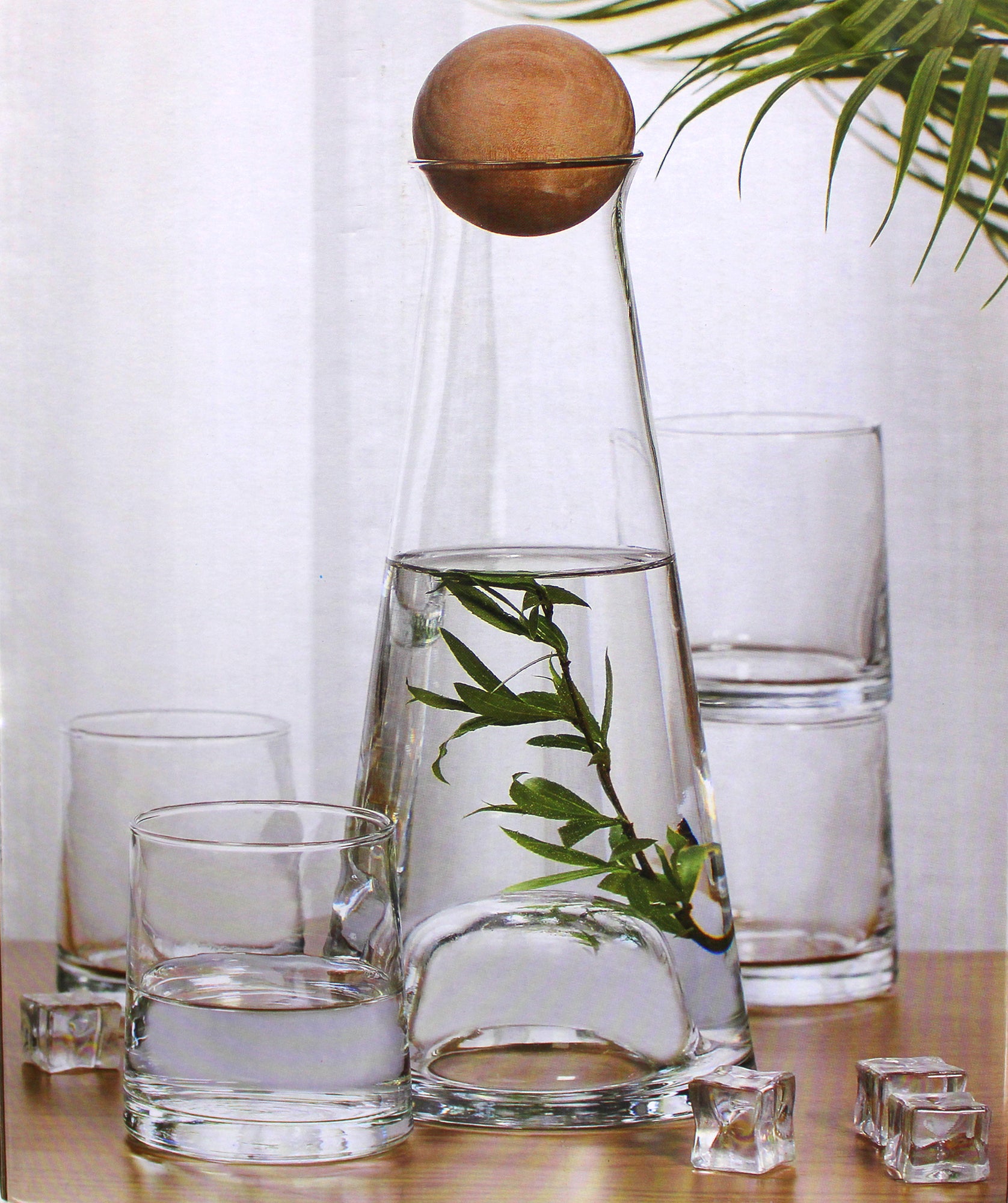 5 Piece CAREY Clear Glass Drinking Tumblers & Carafe Set with oak Stopper