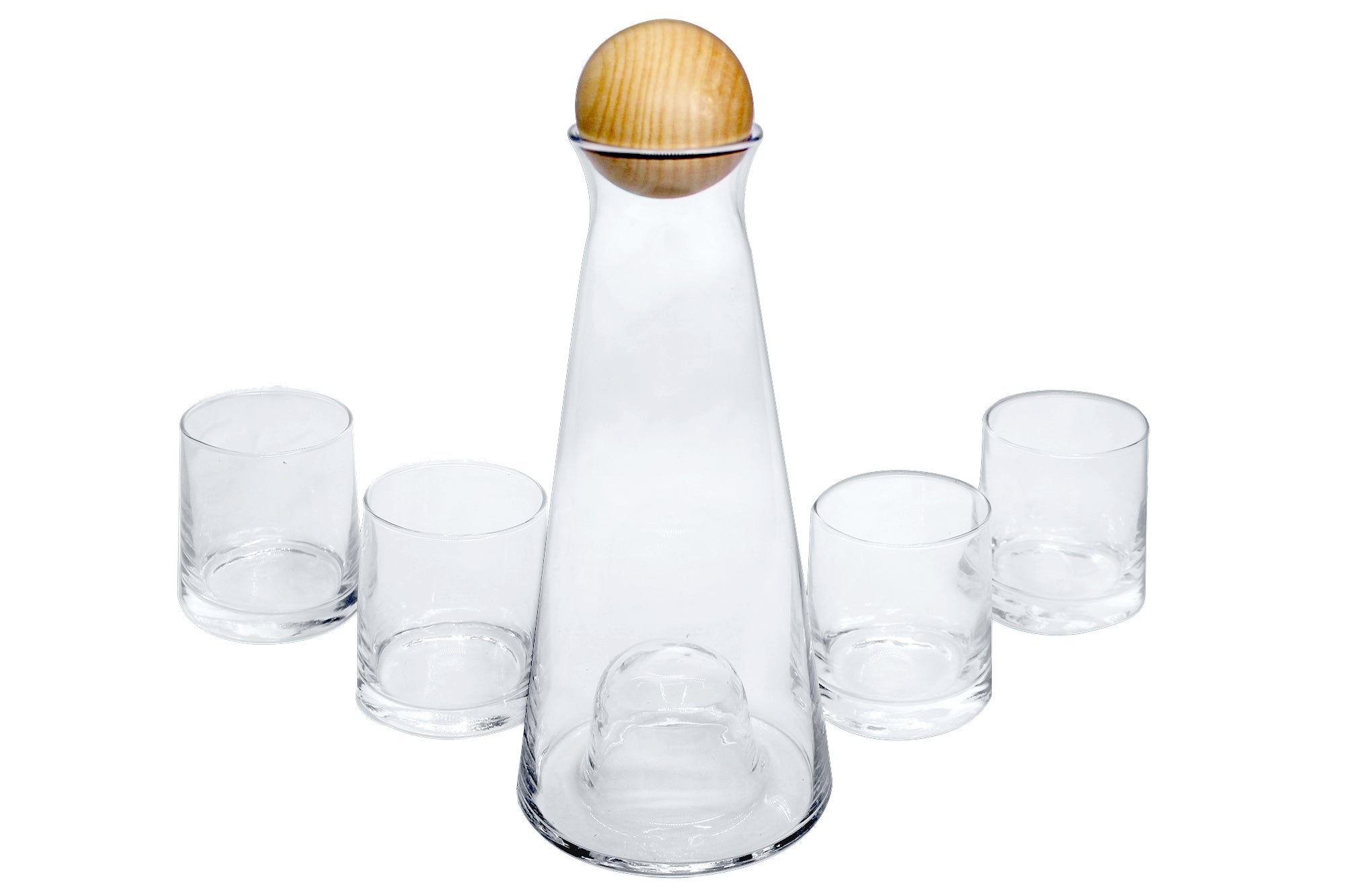 5 Piece CAREY Clear Glass Drinking Tumblers & Carafe Set with oak Stopper