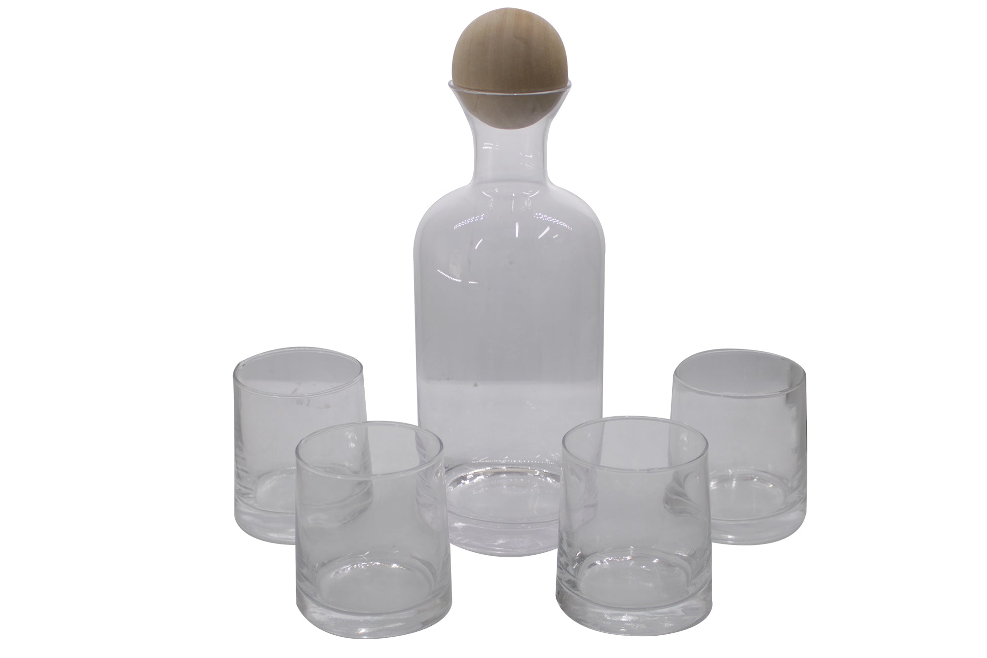 5 Piece METALLIC Clear Glass Drinking Tumblers & Carafe Set with oak Stopper