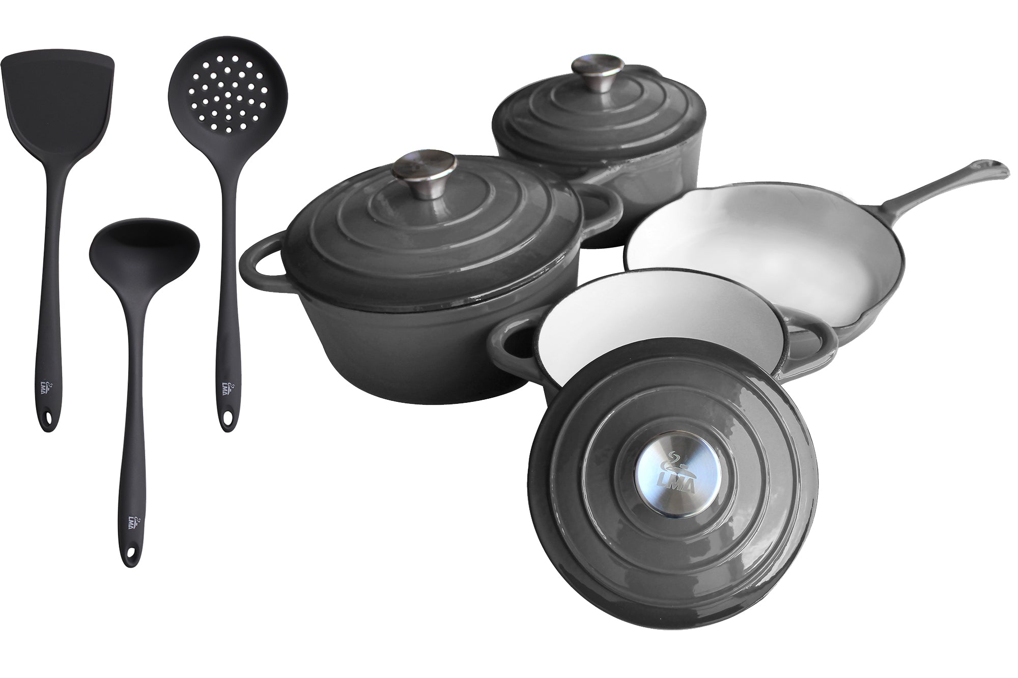 LMA Branded - 10 Piece Cast-Iron Cookware Pots & Silicone Kitchen Utensil Set
