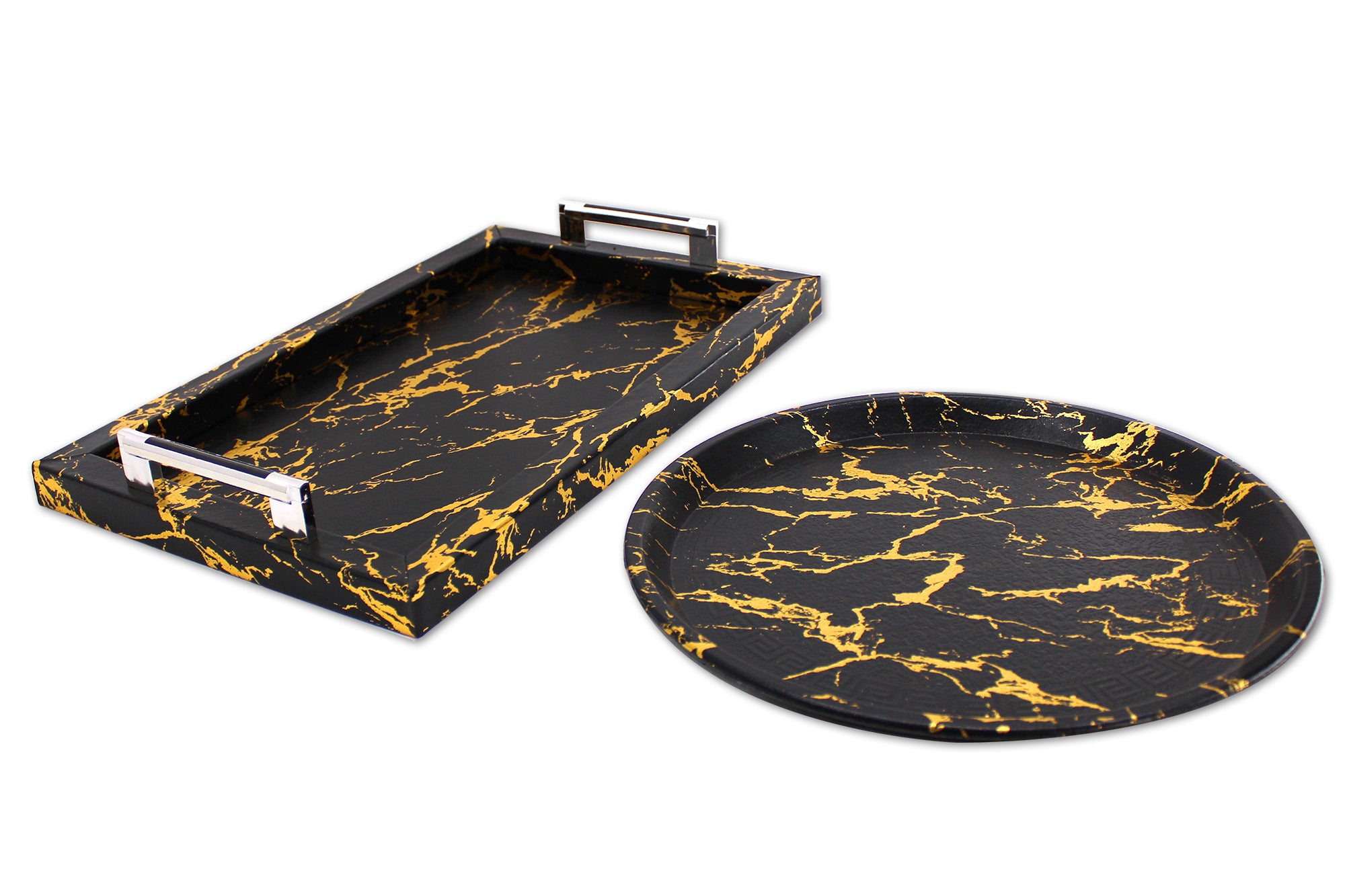 2 Piece Marbling Plastic 28x24cm Rectangular & 25cm Round Serving Tray Set