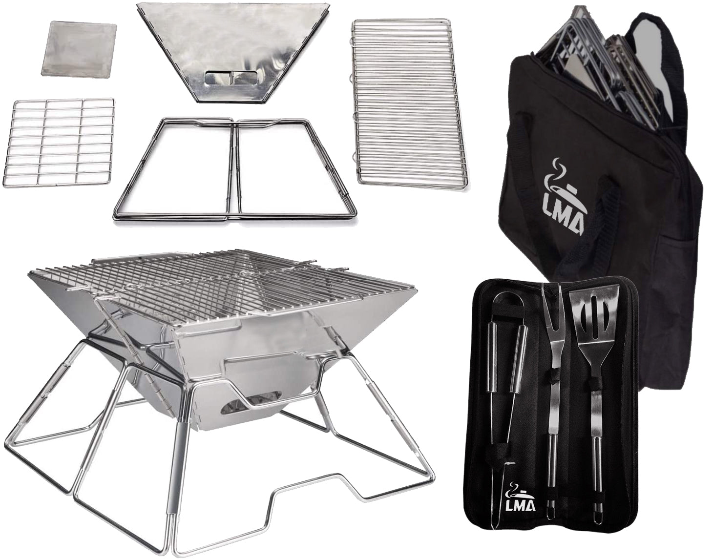 LMA Braai Master Folding BBQ Stand & 3 Piece Utensil Set with Carrying Bags