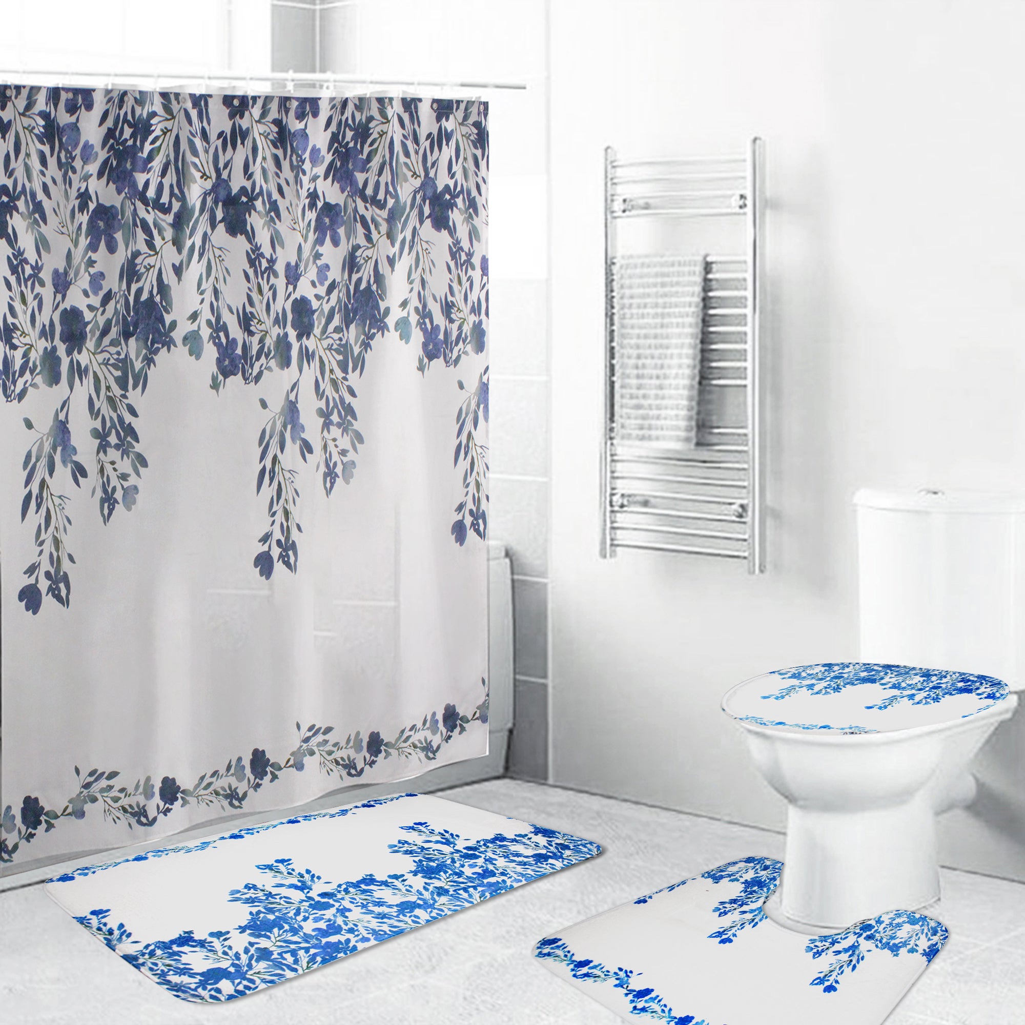 LMA 180cm Floral Fantasy Fabric Shower Curtain & 3 Piece Toilet Cover & Mat Set - Teal