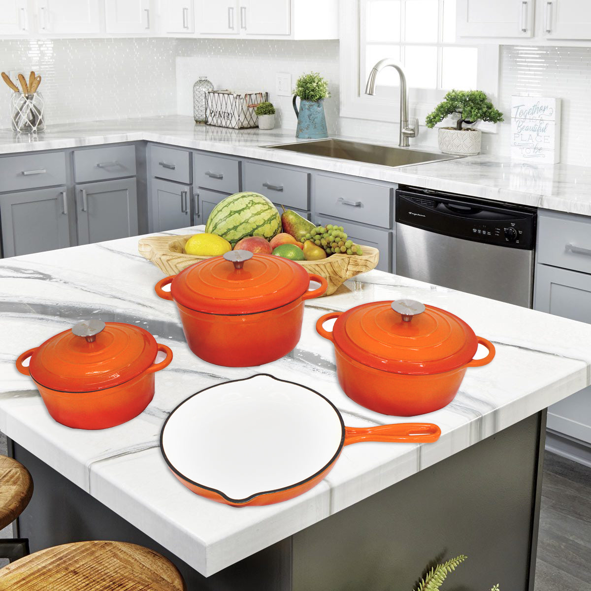 LMA Authentic 7 Piece Cast Iron Dutch Oven Cookware Set - Sunset Orange