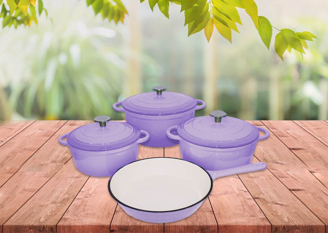 King Cuisine 7 Piece Glazed Cast Iron Dutch Oven Cookware Pot & Pan Set - Purple