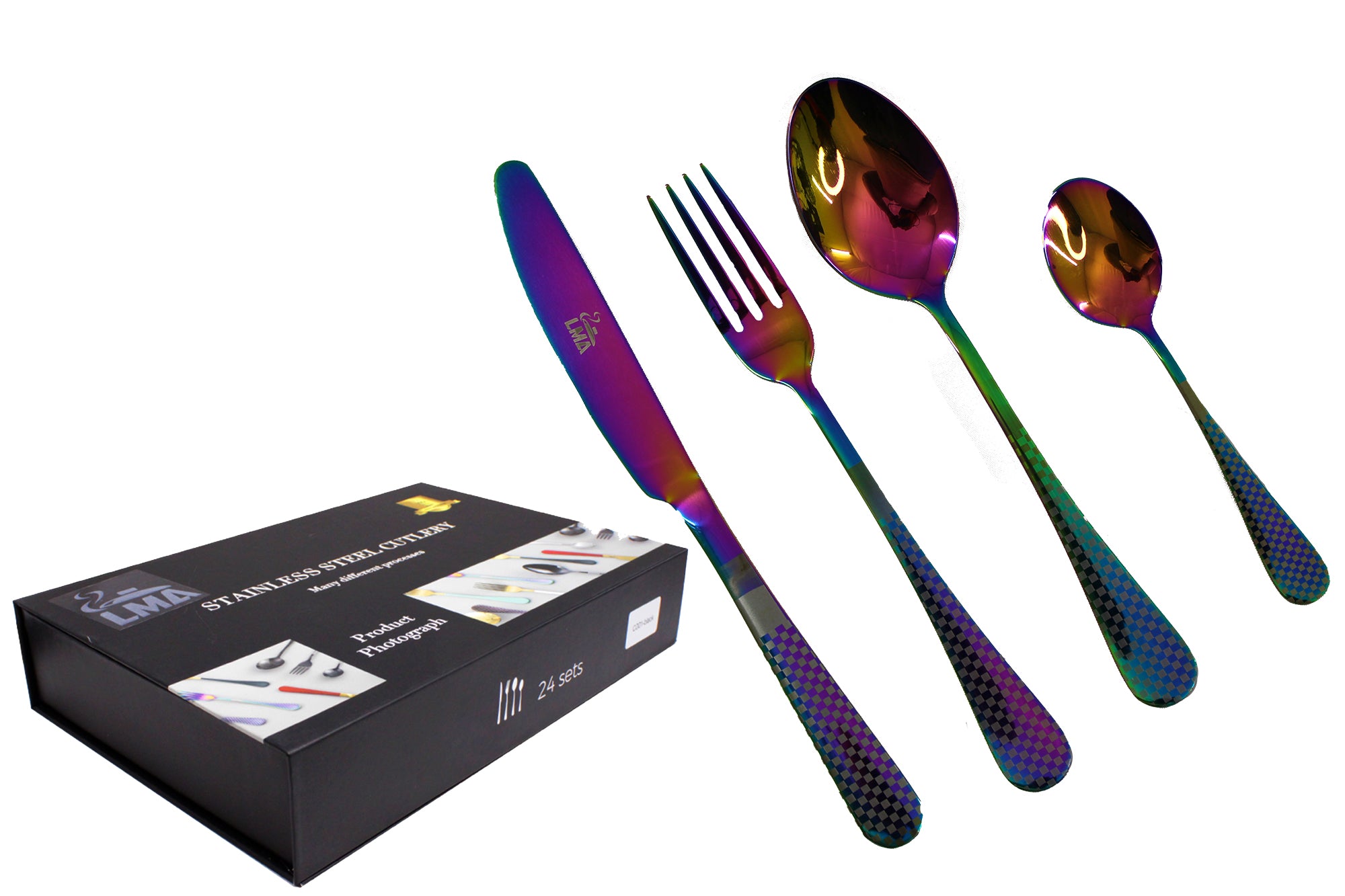 LMA Branded 24 Piece Checkered Finish Cutlery Set & Noir Storage Box