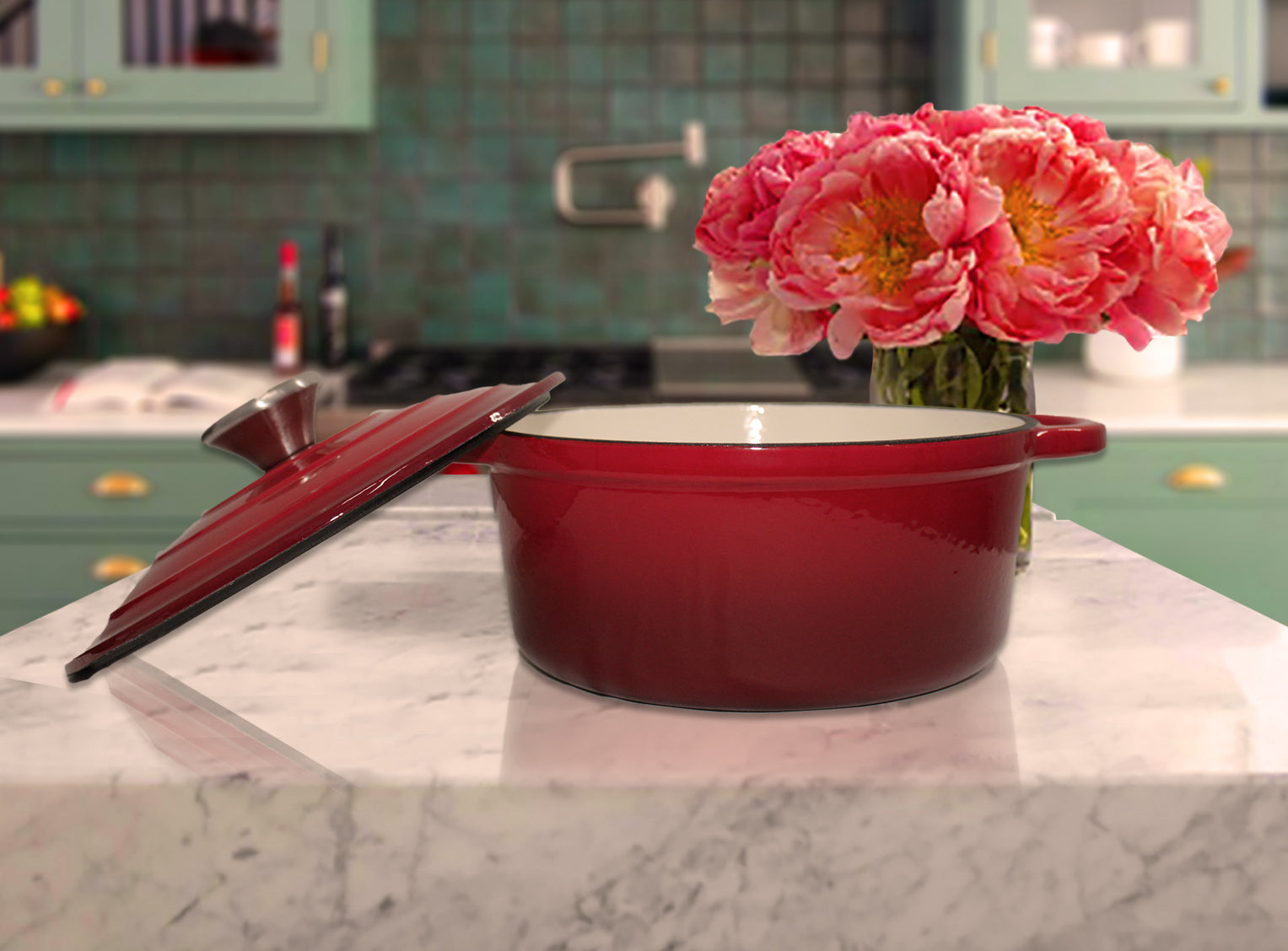 Authentic 4 Piece Cast Iron Dutch Oven Cookware Set - 24cm & 20cm Pot Set - Red