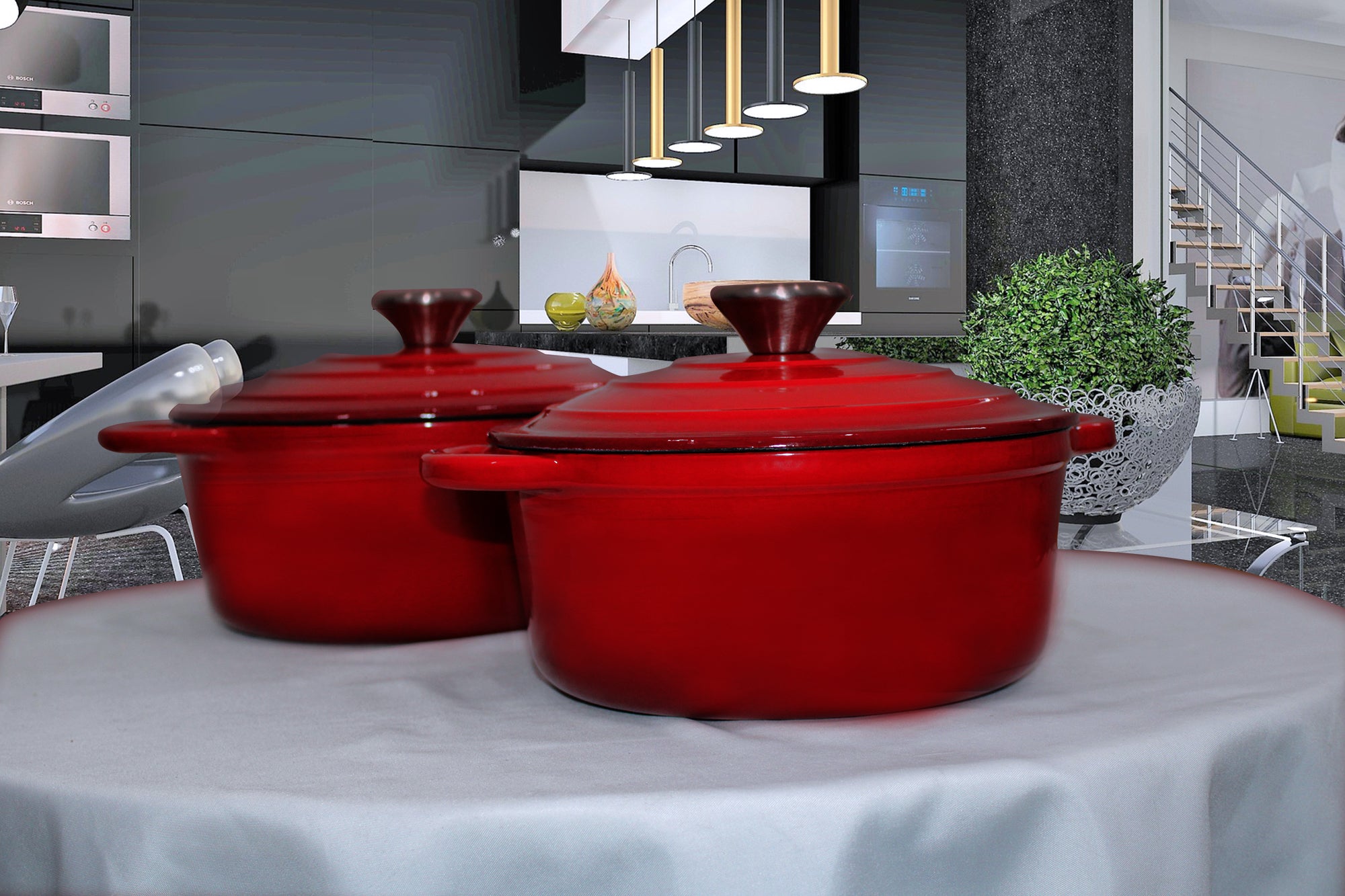 LMA Authentic 7 Piece Cast Iron Dutch Oven Cookware Set - Red