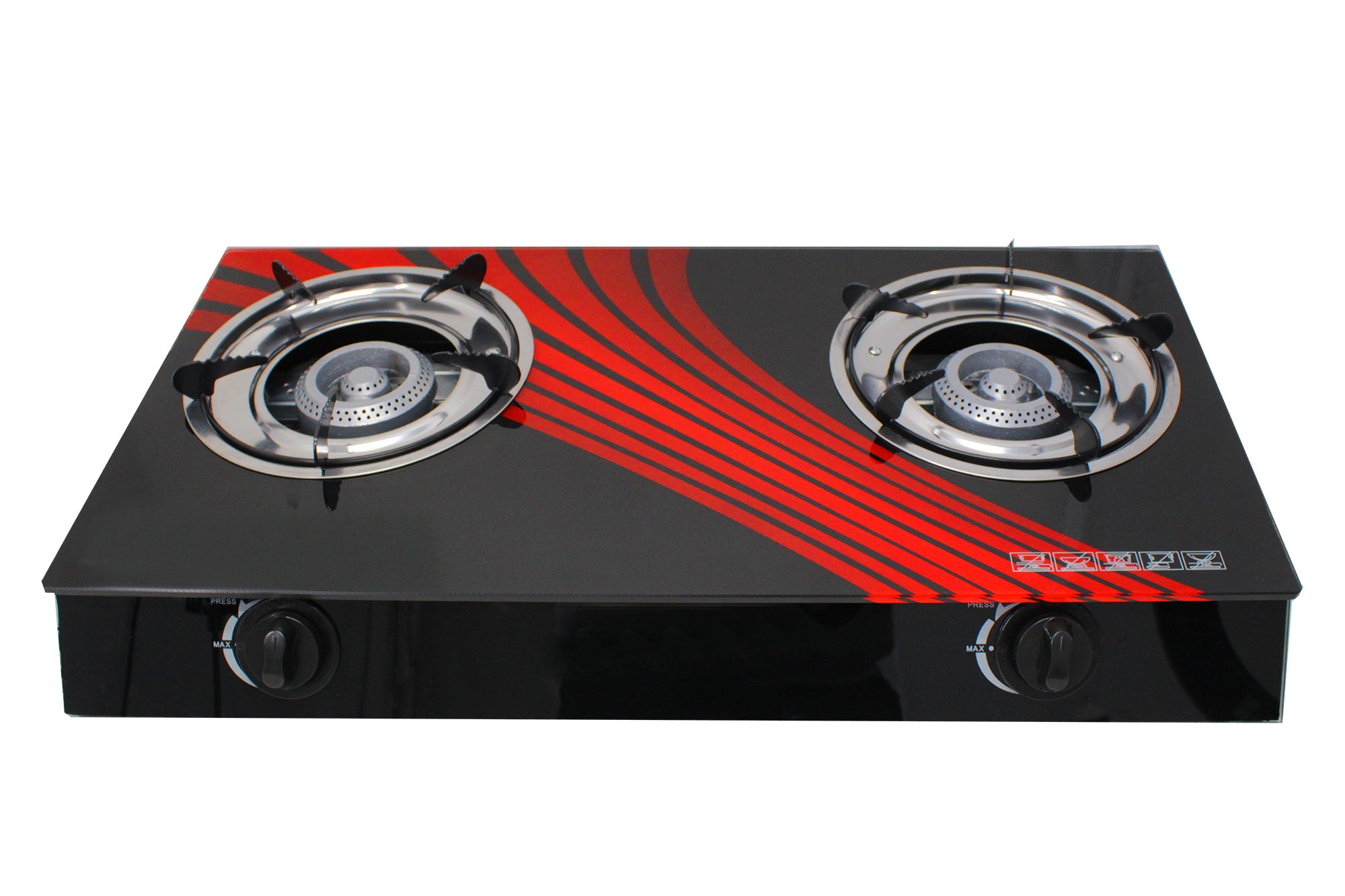 Two-Burner Auto-Ignition Tempered Glass Panel Gas Stove - Red Stripes