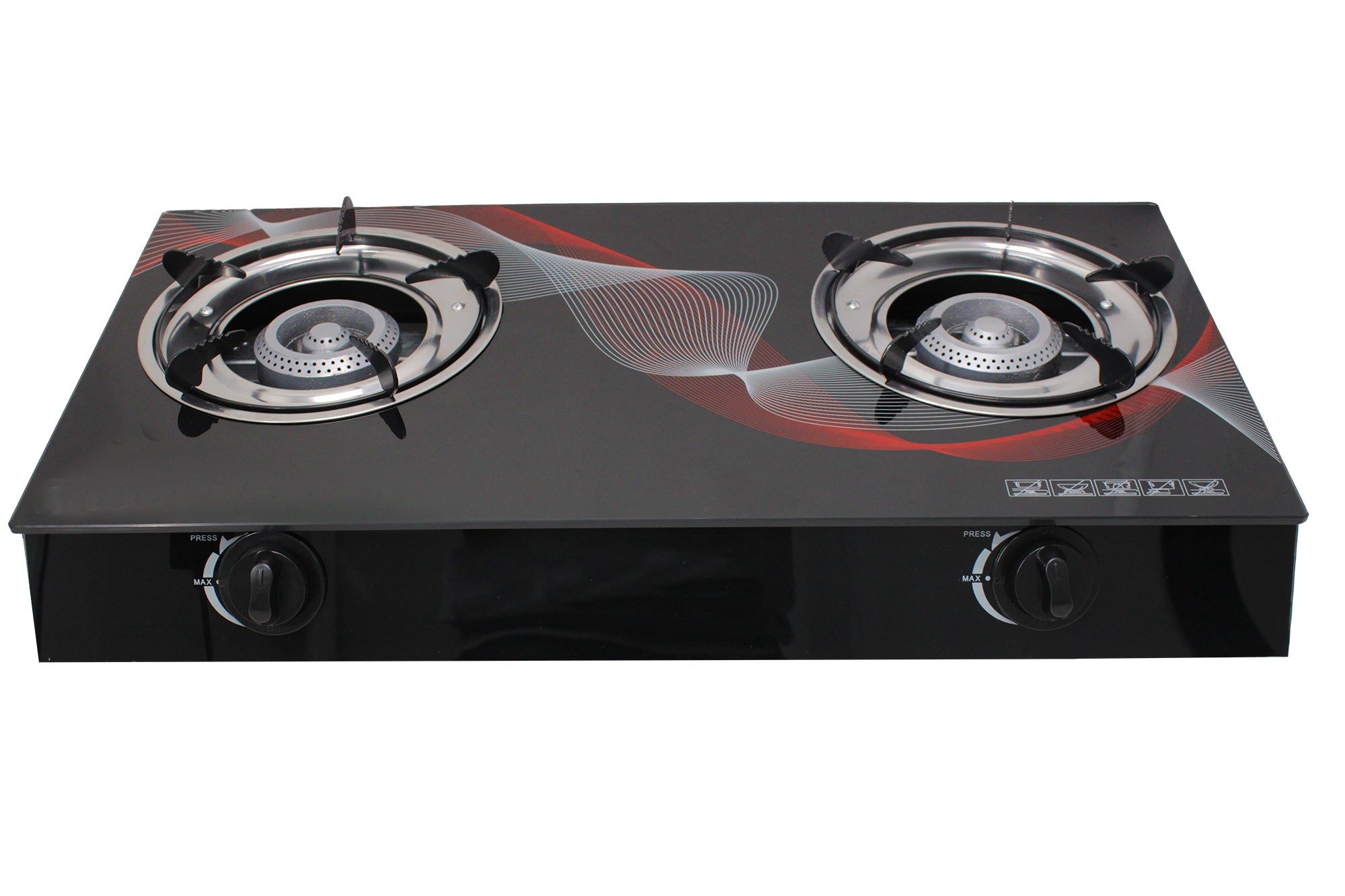 Dual Stand Auto-Ignition Tempered Glass & Grey Burner Gas Stove - Red Swirl