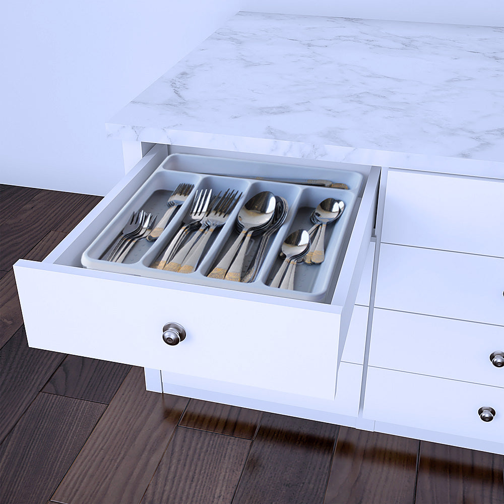 5 Compartment Kitchen Drawer & Countertop Cutlery Organizer Tray with Guide Icons