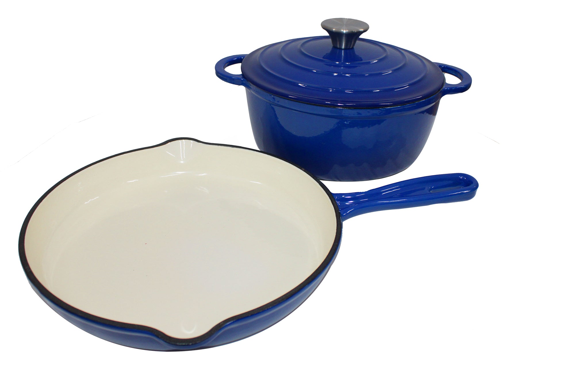 3 Pcs Cast Iron Dutch-Oven Cookware Set - 22cm Pot & 25cm Frypan - Blue