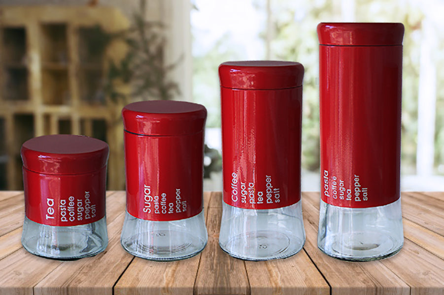 4 Piece Decadent Glass Jar Canisters - Coffee, Sugar, Tea and Pasta Storage